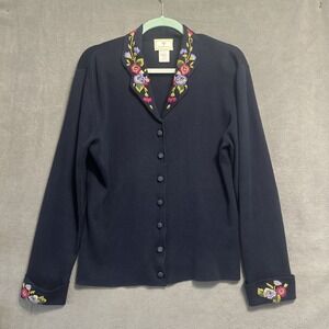 VTG Susan Bristol Hand Embroidered Floral Cardigan Size Small Navy Cottagecore
